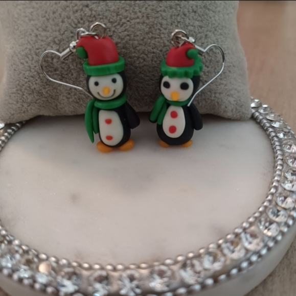 Green Holiday Christmas Penguin Dangle Drop Earrings - Picture 6 of 11